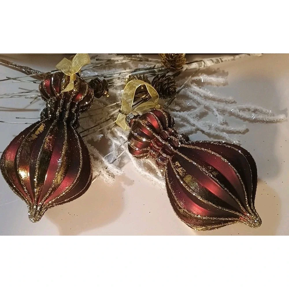 Pair Of Frontgate Striped‎ Glass Ornaments Glitter Maroon & Gold Finial Shape